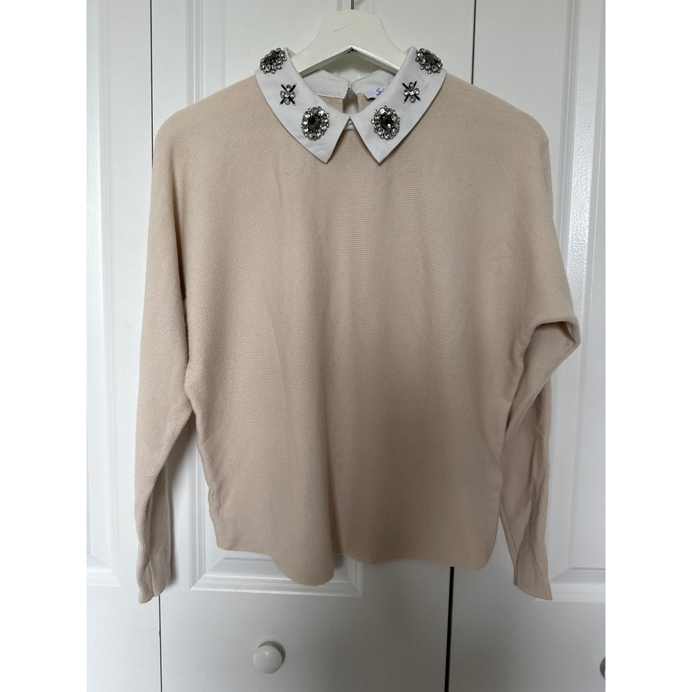 Siani Milano Beige Knit Rhinestone Embellished Collar Dolman Sleeve Sweater Top